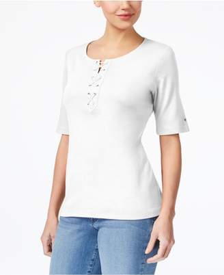 Karen Scott Cotton Lace-Up T-Shirt, Created for Macy's