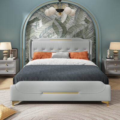 Mercer41 Queen Upholstered Platform Bed with Wingback Headboard and Footboard No Box Spring Needed