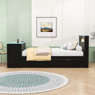 Wooden Platform Bed with Light Strip, Trundle, USB Port and Desk