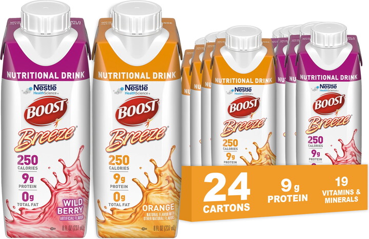 Boost Breeze Clear Nutritional Drink, 9g Protein, 250 Nutrient-Rich Calories, 2 Flavor Variety Case (Orange + Wild Berry), 8 Fl Oz (Pack of 24)