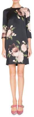 Erdem Emma Crewneck 3/4-Sleeve Floral-Print Silk Shift Dress