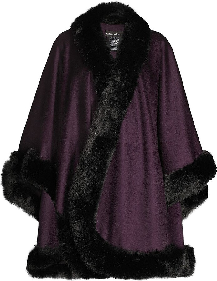 icecoolfashion Womens Warm Long Sleeve Faux Fur Trim Poncho Cape Shawl Ladies Winter Fluffy Wrap Cardigan Cream 12-24 