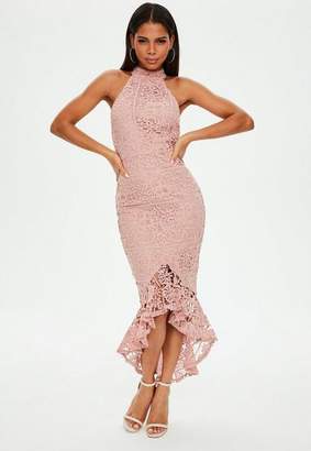 Missguided Pink Lace High Neck Fishtail Midi Dress, Mauve