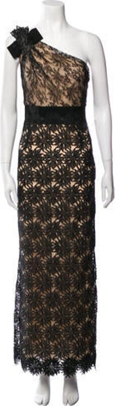 Valentino Evening Gown Black & Neutrals Lace Pattern Lace Trim Embellishment Sleeveless with One-Shoulder Concealed Zip Closure at Side Designer