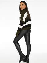 Thumbnail for your product : Quiz Knitted Stripe Long Sleeve Roll Neck Crop Jumper - Khaki