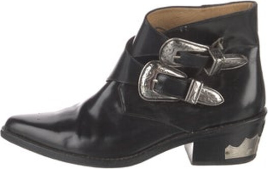 Toga Pulla Leather Ankle Moto Boots Black Pointed-Toes Multistrap Unfortunately, due to restrictions, this item may not be eligible for shipping in all areas. | Toga Pulla Leather Moto Boots in Black, Women's IT 39 | 9