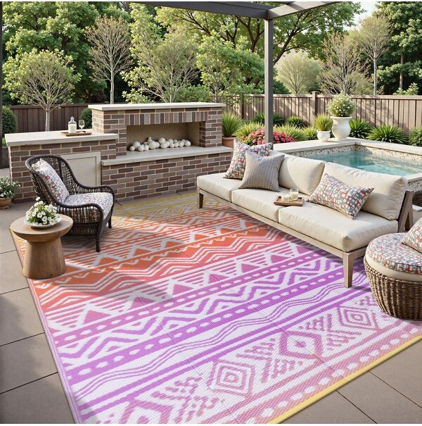 Lahome Waterproof Outdoor Reversible Boho Plastic Straw Mat for Patio,Balcony,Deck-Black-8'2"x10'