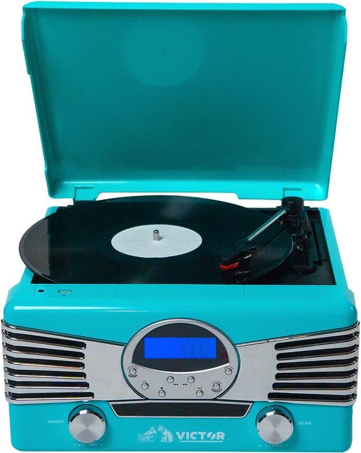 Victor Diner Turntable Record Player, CD/MP3 Player, AM/FM Radio with Bluetooth, USB Input and Stereo Speakers, Turquoise