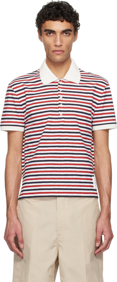 Thom Browne White & Red Linen Jersey Short Sleeve Polo