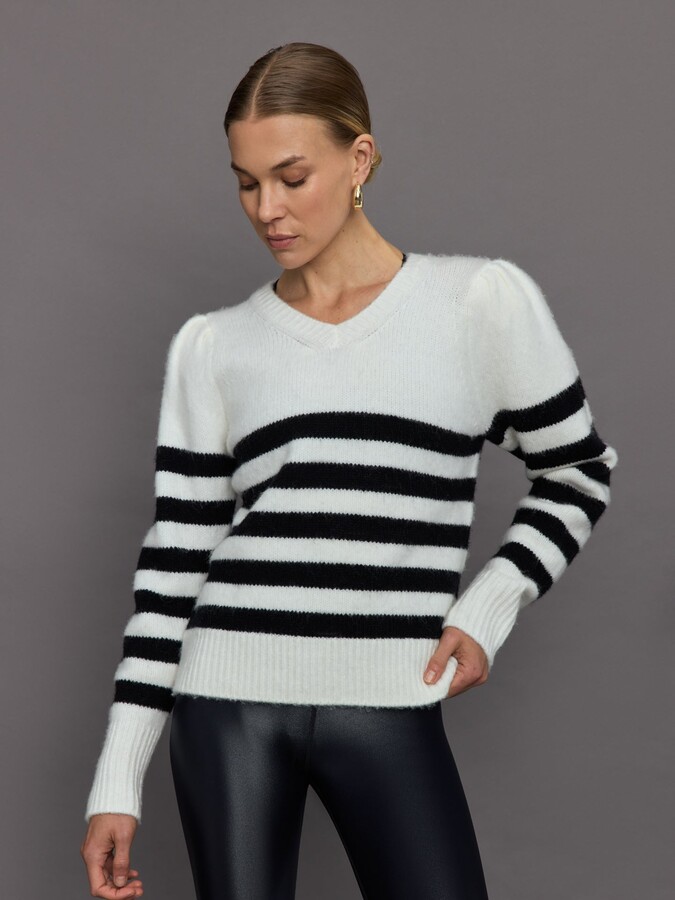 Carbon38 Striped Puff Sleeve Sweater - Cream/ Black