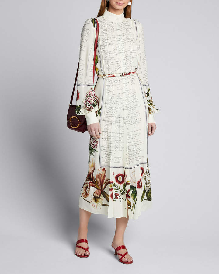 Script & Floral Pleated Georgette Shirtdress