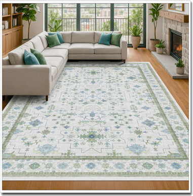 Bungalow Rose Oriental Oushak Boho 10X14 Area Rug - Washable Cream Blue Green Floral Rug | Soft Faux Wool Non-Slip Carpet For Living Room Bedroom Dining Room Pla