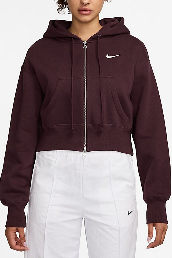 Nike Sportswear Phoenix Fleece Cropped Full-Zip Hoodie Sweatshirt in Burgundy Crush/Sail