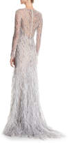Thumbnail for your product : Monique Lhuillier Embellished Long-Sleeve Illusion Evening Gown w/ Feather Skirt