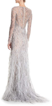 Monique Lhuillier Embellished Long-Sleeve Illusion Evening Gown w/ Feather Skirt