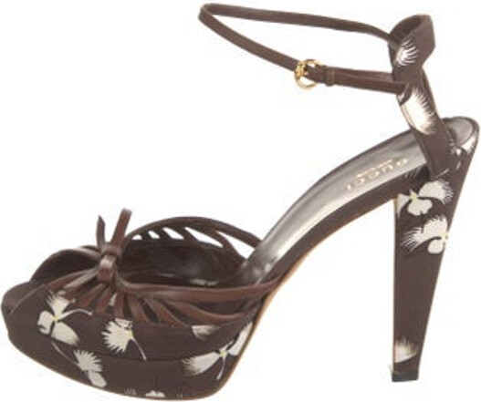 Gucci D'Orsay Pumps Brown Printed Leather & Bow Accents Round-Toes Platform Wrap-Around Straps & Buckle Closure at Ankles
