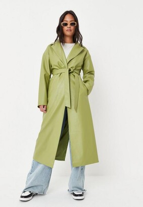 Missguided Green Faux Leather Belted Trench Coat - ShopStyle