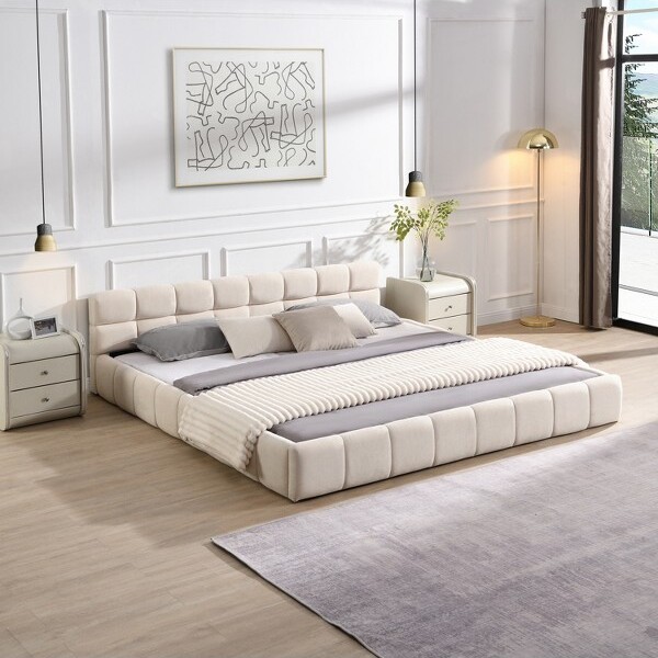 KingSizePlatformBedChenilleUpholsteredBedwithCheckerboardHeadboard--Frevyn