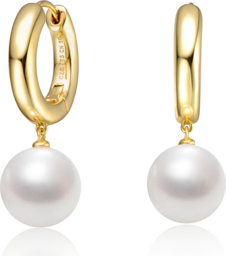 Genevive Sterling Silver 14k Yellow Gold Plated White Pearl Drop Huggie Hoop Earrings