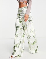 Thumbnail for your product : Liquorish satin tailored trouser co-ord with white rose print in green