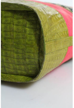 Nancy Gonzalez Green Pink Crocodile Woven Straw Beach Tote Handbag IN DUSTBAG