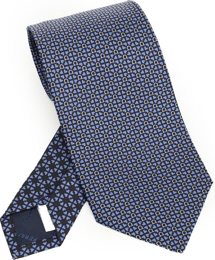 Ferragamo Silk Tie With Gancini And Hearts Print