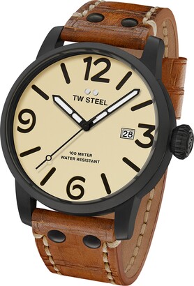 TW Steel Maverick Men's Quartz Watch with Beige Dial Analogue Display and Brown Leather Strap MS42