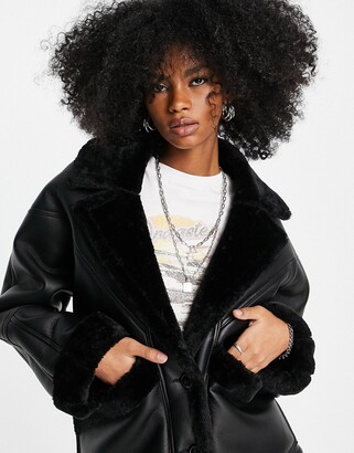 Topshop faux shearling oversized car jacket in black - ShopStyle