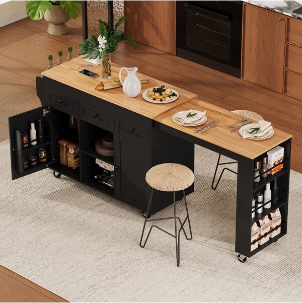 LOVSON85.5''ExtendableDiningTableKitchenIslandwithPowerOutletand3OpenSideShelvesKitchenStorageTablewith3Drawers2DoorsBlack