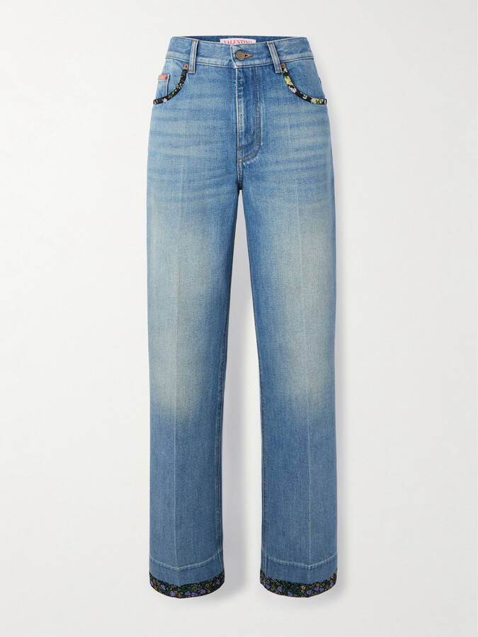 Valentino Garavani Printed Chiffon-trimmed High-rise Straight-leg Jeans - Blue