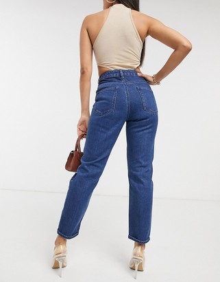 ASOS DESIGN Petite Farleigh high waisted slim mom jeans with rips in French workwear blue wash