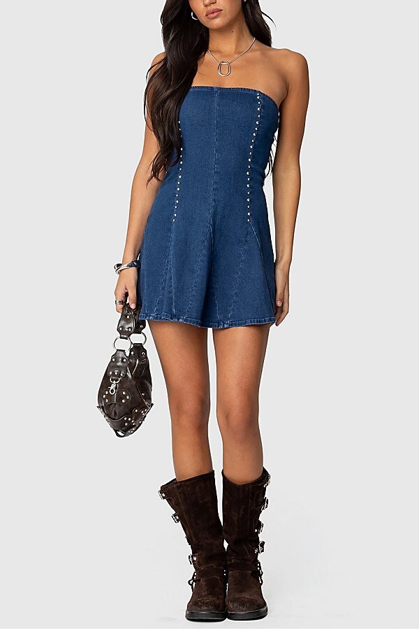 Edikted Fara Strapless Denim Mini Dress in Blue