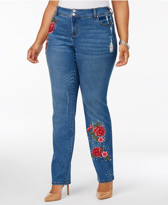 INC International Concepts Plus Size Tummy Control Embroidered Studded Jeans, Created for Macy's