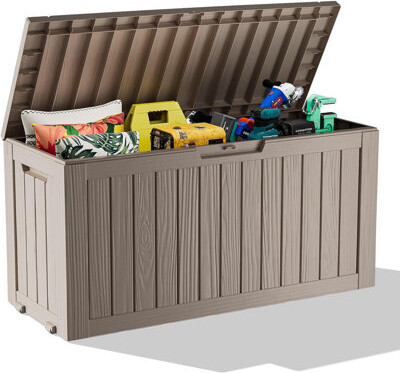 CUSTOM BUILT-IN VACUUM SYSTEMS 75 Gallon Resin Deck Box With Wheels,Lockable Outdoor Storage Box For Patio Cushions Storage Furniture,Garden Tools,Weatherproof And UV Resistant- Gre