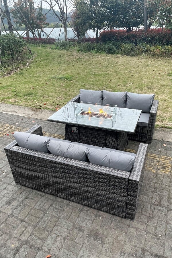 Fimous 6 Seater Outdoor PE Rattan Garden Furniture Gas Fire Pit Dining
