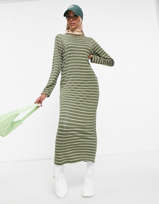 ASOS DESIGN long sleeve maxi t-shirt dress in khaki and camel stripe -  ShopStyle