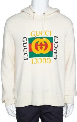 Gucci Cream Vintage Logo Print Cotton Distressed Hoodie M - ShopStyle