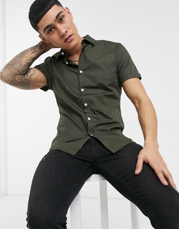 ASOS DESIGN stretch skinny fit shirt in khaki ShopStyle