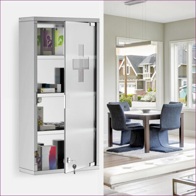 Latitude Run Medicine Cabinets: Wall Mounted Locking with 4 Tier Shelves Glass Door Brushed Silver 12\