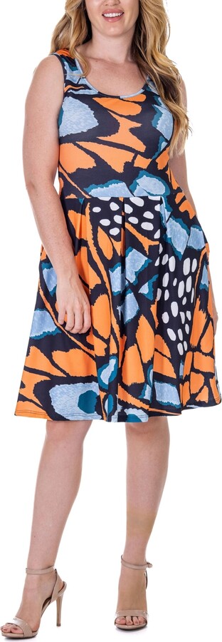 24seven Comfort Apparel Print Sleeveless Pleated Knee Length Pocket Dress