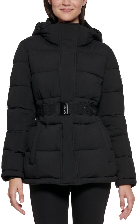 Calvin Klein Women's Hooded Stretch Belted Puffer Coat - ShopStyle