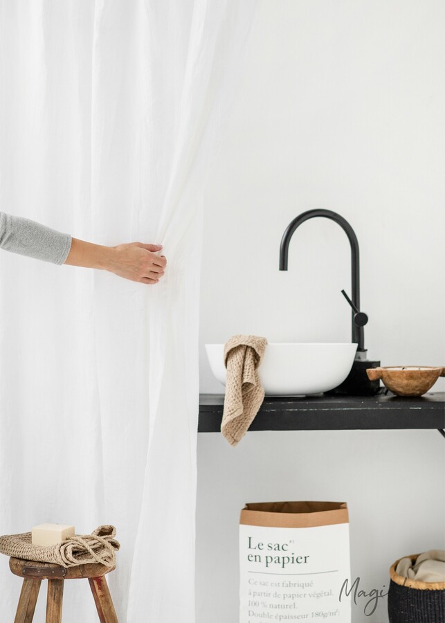 Etsy White Linen Tie Top Shower Curtain - Soft Stonewashed Panel Custom