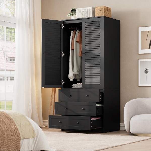 TruAIR ArmoireWardrobeClosetwith3Drawersand2DoorsModernWoodenWardrobeCabinetsforHangingClothes