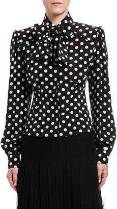 Dolce & Gabbana Polka-Dotted Silk Bow-Neck Shirt with Padded Shoulders