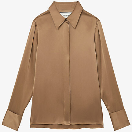 Reiss Womens Camel Ameira Concealed-Placket Silk Shirt 6