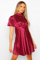 Thumbnail for your product : boohoo Satin Leopard Jacquard Puff Sleeve Skater Dress