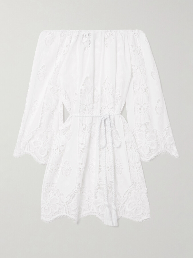 Miguelina Brigette Off-the Shoulder Belted Lace-trimmed Embroidered Cotton-voile Mini Dress - White