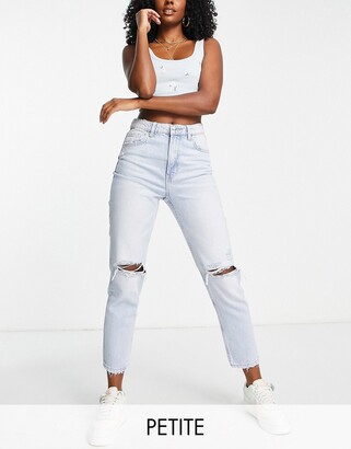 Bershka Petite mom jeans with rips in bleach blue - ShopStyle