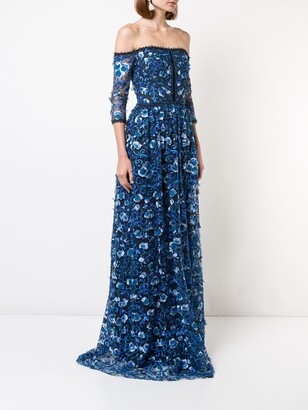 Marchesa Notte Off-The-Shoulder Floral-Print Gown