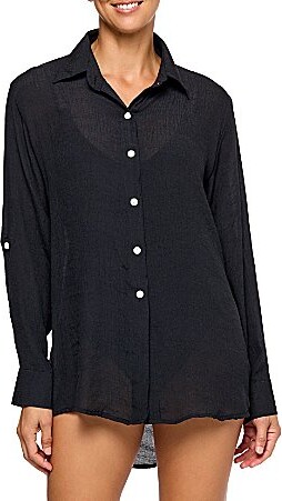 Athena Next by Good Karma Solid Woven Point Collar Roll-Up Cuff Sleeves Button Front Boyfriend Shirt Swim Cover-Up -